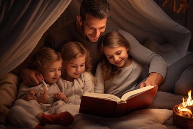 Familia joven con dos niños pequeños en el interior del dormitorio leyendo un libro