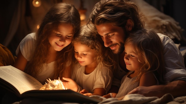 Familia joven con dos niños pequeños en el interior del dormitorio leyendo un libro