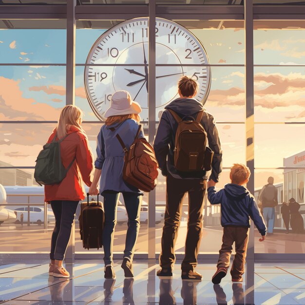 Familia joven esperando en la terminal del aeropuerto Concepto de viaje