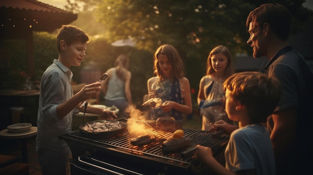 La familia joven está asando a la parrilla en la barbacoa