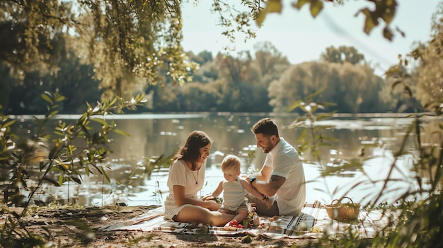 La familia joven está haciendo un picnic cerca del lago están sentados en la manta y comiendo el bebé está jugando con el juguete