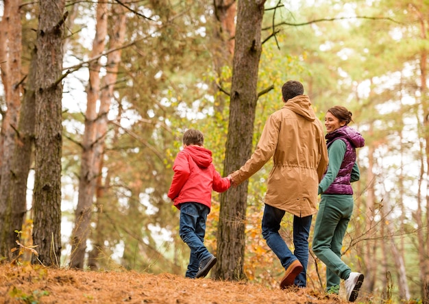 Familia joven feliz caminando y tomados de la mano en el bosque de otoño