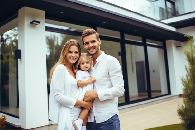 familia joven feliz en el fondo de una casa nueva y moderna