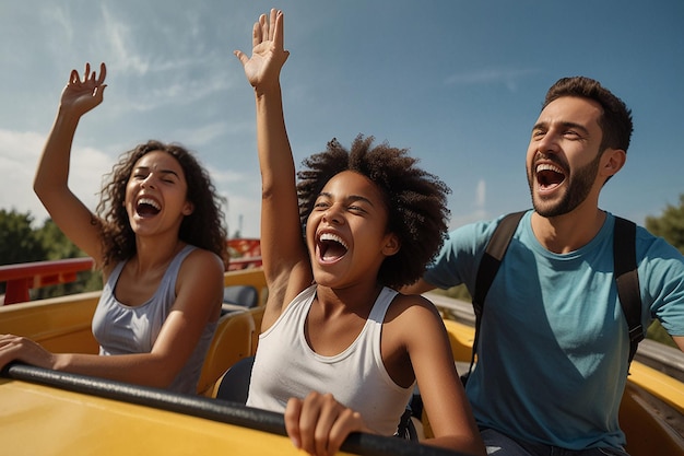 Familia joven gritando con los brazos levantados en la montaña rusa