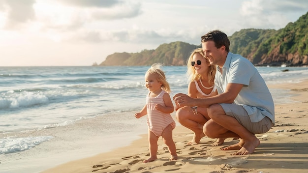 Familia joven con una hija pequeña en vacaciones junto al océano