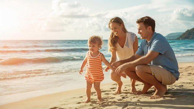 Foto familia joven con una hija pequeña en vacaciones junto al océano