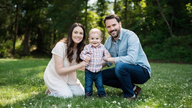 Familia joven con un hijo pequeño divirtiéndose juntos