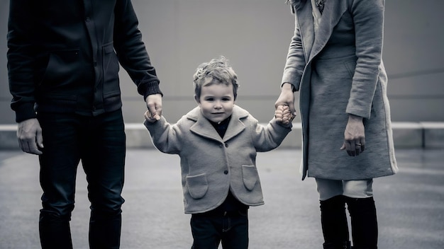 Familia joven con un hijo pequeño juntos en el gris