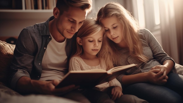 Familia joven leyendo un libro juntos en casa