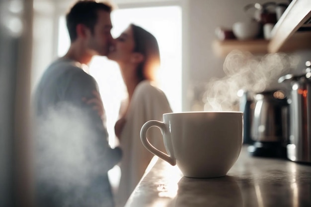 Familia joven en la mañana Joven pareja sonriente feliz besándose bebiendo café hablando en la mañana Generación de IA