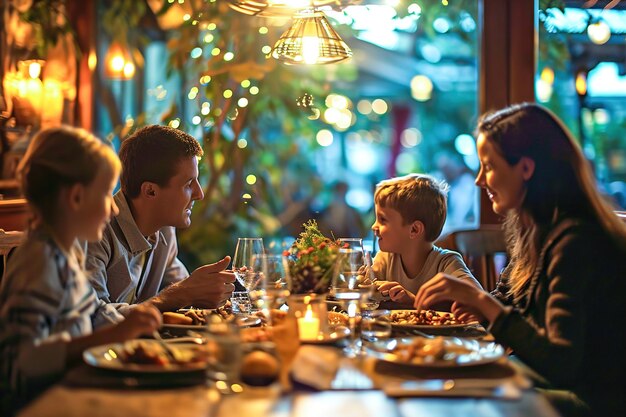 Familia joven con niños cenando en un restaurante