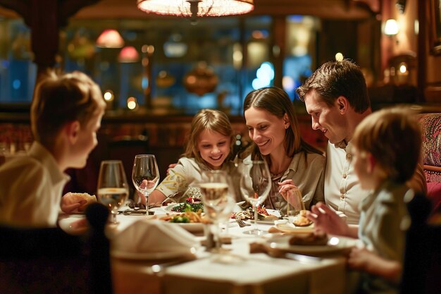 Familia joven con niños cenando en un restaurante