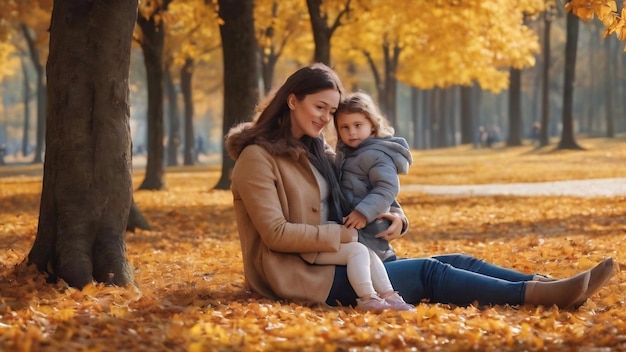 Familia joven con su hija pequeña en el parque de otoño