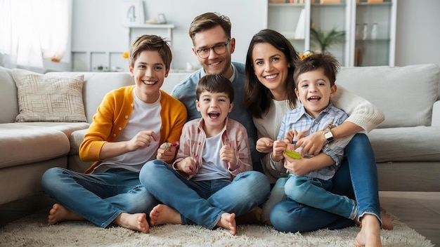 Familia joven con sus hijos en casa divirtiéndose