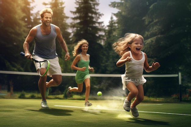 Una familia jugando al tenis en una cancha de tenis.