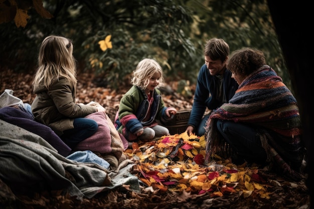 Una familia jugando con hojas de otoño en el bosque.