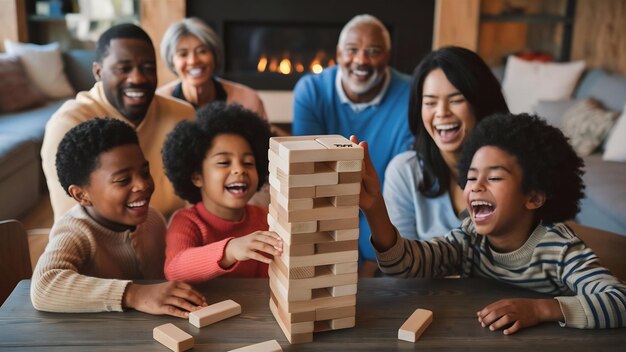 Foto familia jugando jenga juntos