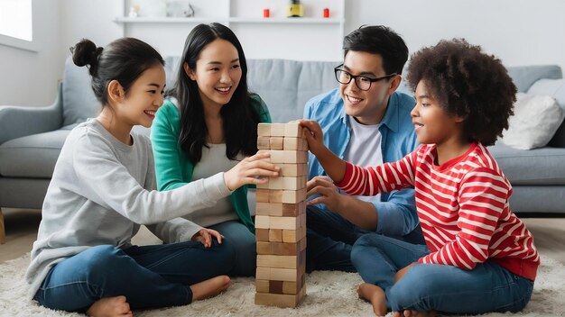 Familia jugando jenga juntos