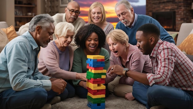 Familia jugando jenga juntos