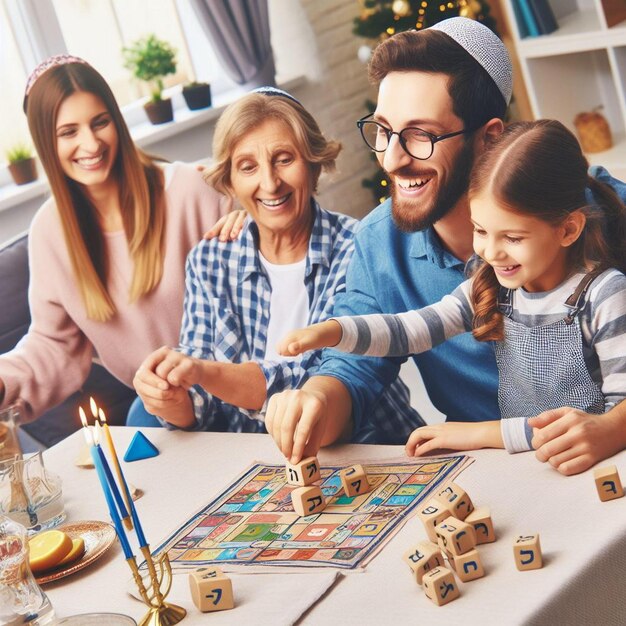 Foto familia jugando el juego de dreidel durante las celebraciones de hanukkah celebración de hanukkh día de hanukkay