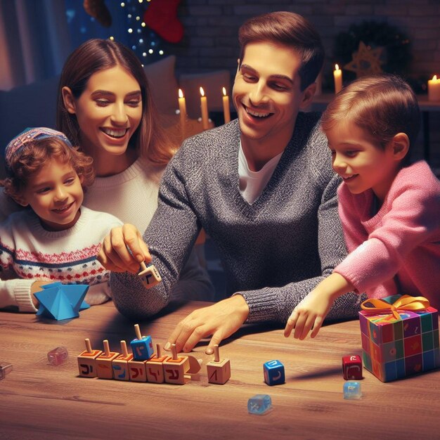 Familia jugando el juego de dreidel durante las celebraciones de Hanukkah Celebración de Hanukkh Día de Hanukkay