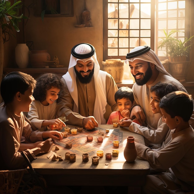 una familia jugando un juego de mesa en una habitación con un hombre jugando al dominó