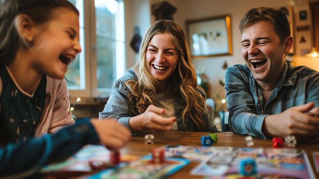 Foto una familia está jugando un juego de mesa juntos todos están riendo y divirtiéndose el juego está en la mesa hay dos adultos y un niño