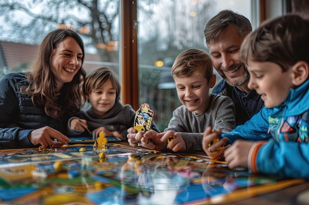 Una familia jugando un juego de mesa juntos