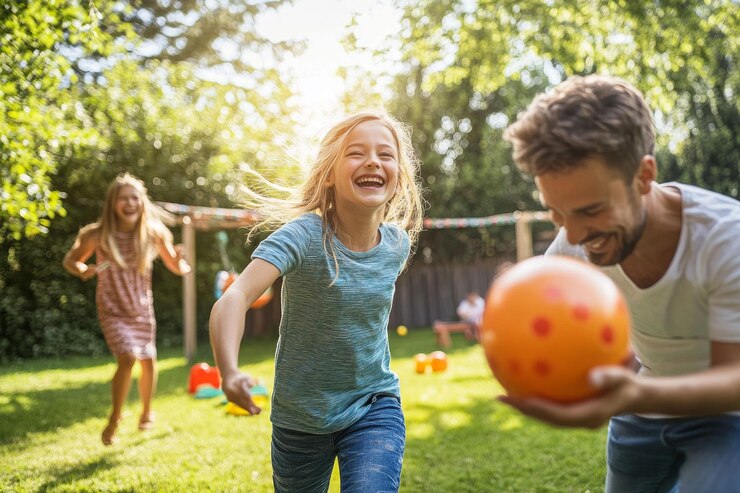 Familia jugando juegos al aire libre en un patio trasero medio cuerpo disparado risa y alegría capturado en una puesta soleada