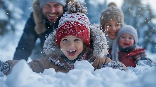 Una familia jugando juntos en la nieve.