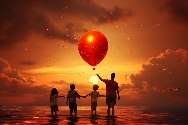 Familia jugando con una pelota de playa mientras el cielo se vuelve de colores vibrantes