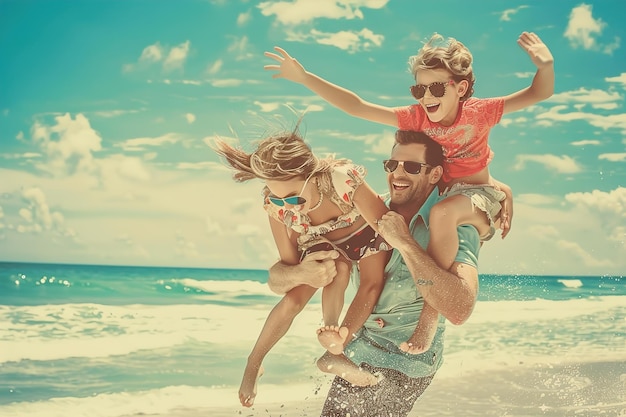 Foto una familia jugando en la playa con una niña en sus hombros