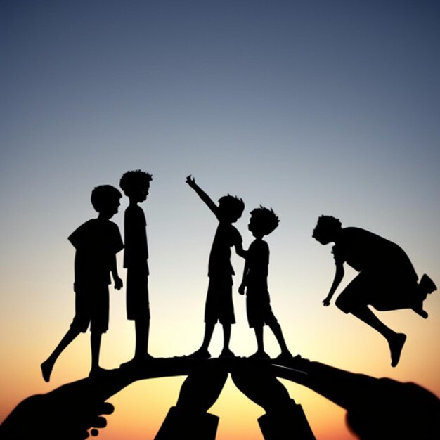 Foto una familia está jugando en una roca con el cielo en el fondo