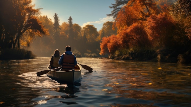 Una familia en kayak por el lago.