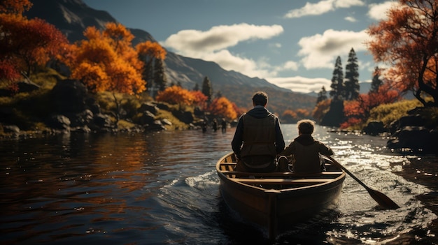 Una familia en kayak por el lago.