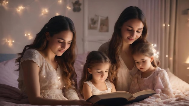 Família lendo na hora de dormir mãe jovem e bonita lendo um livro para suas filhas