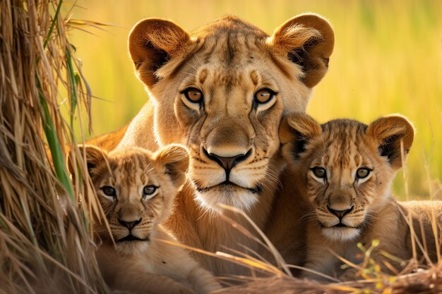 una familia de leones está acostada en la hierba