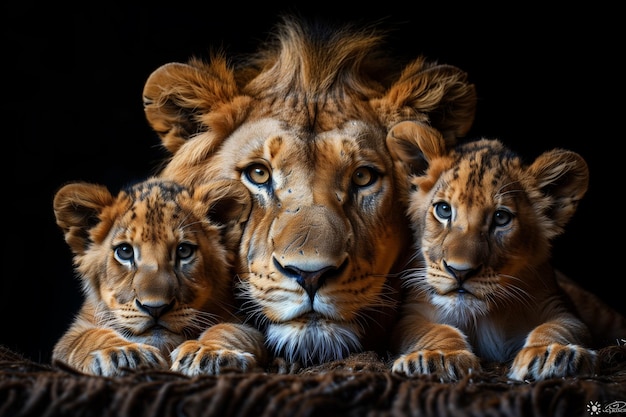 una familia de leones se muestra con dos cachorros