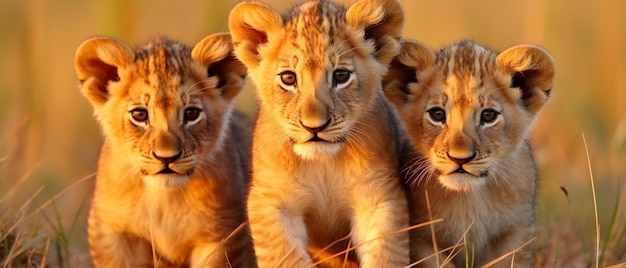 Familia de leones en la sabana de Kenia Pequeños cachorros de leones en un prado Vida silvestre en un safari Masai Mara espectacular