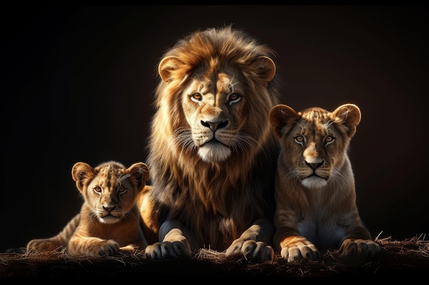 La familia de leones sobre un fondo negro