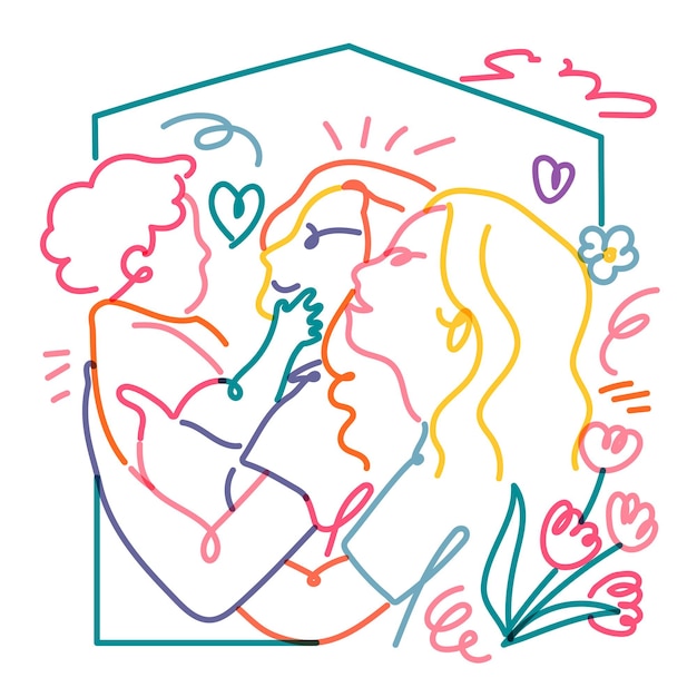 Familia lesbiana png clipart Ilustración de retrato de línea LGBTQ en fondo transparente