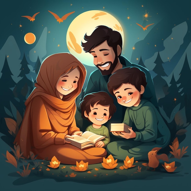 una familia leyendo un libro en el bosque con una luna y estrellas