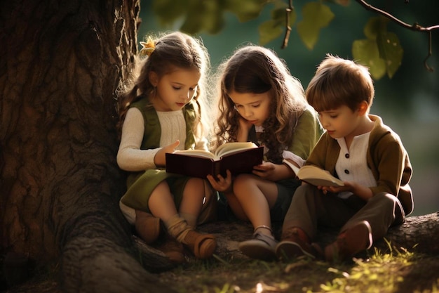 Una familia leyendo un libro debajo de un árbol.