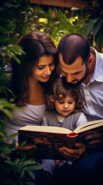 Foto una familia está leyendo un libro en el jardín