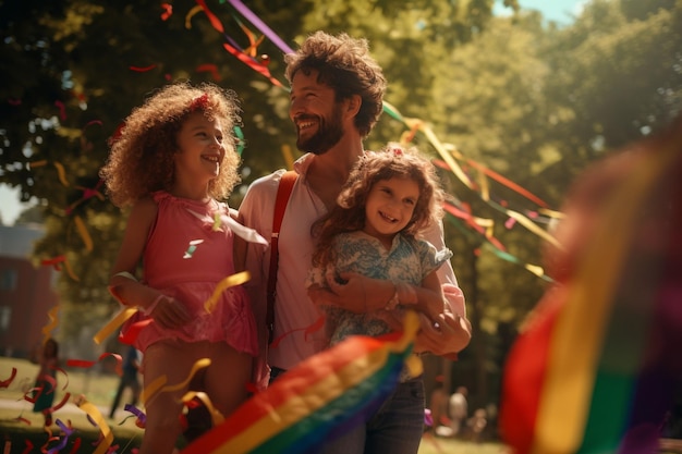 Familia LGBTQ feliz con niños jugando en una IA generativa