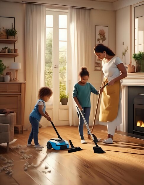 Foto una familia limpiando su casa para barrer la mala suerte para el año nuevo.