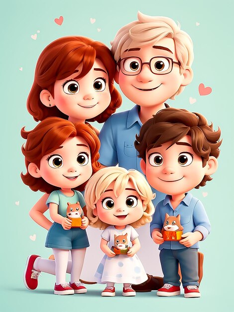 Familia linda feliz y personajes de mascotas