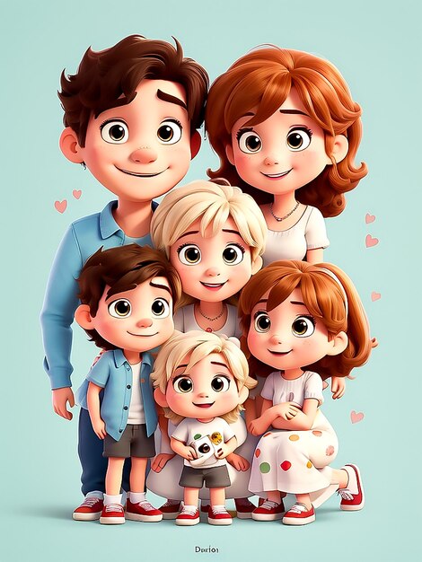 Familia linda feliz y personajes de mascotas