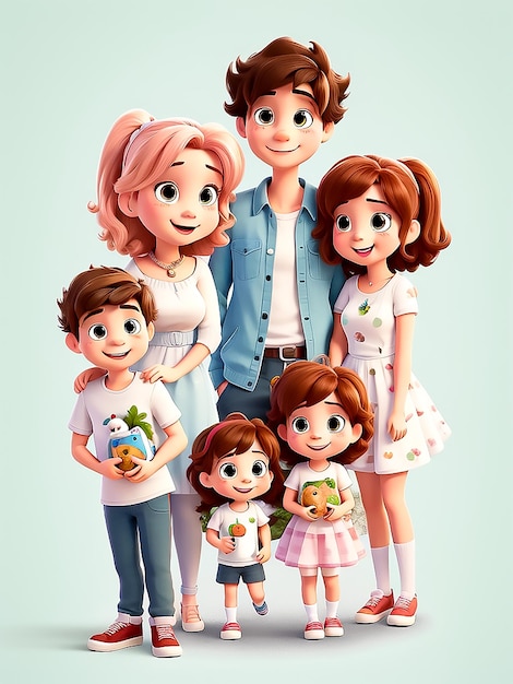 Familia linda feliz y personajes de mascotas