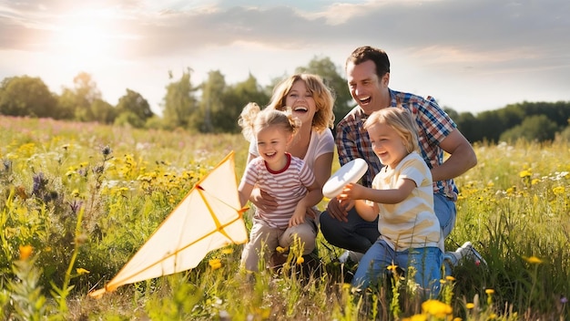 Foto familia linda jugando en un campo de verano